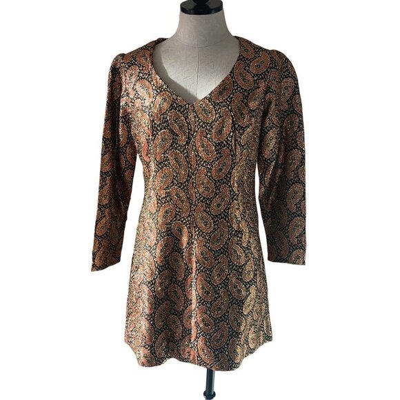 Unbranded Dresses & Skirts - Vintage Handmade Mini Party Dress Size Small Gold Red Black Metallic Paisley